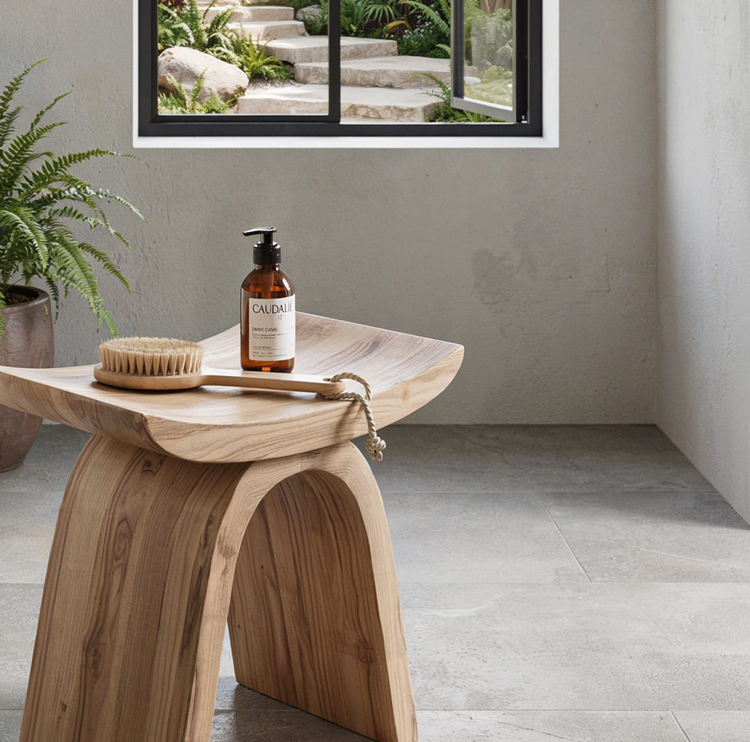 Solid wood shower stool featuring an artistic sculptural base for contemporary bathrooms