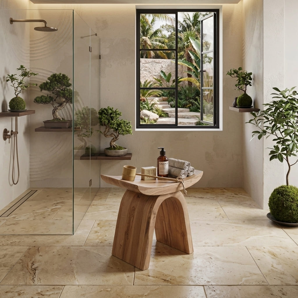 Sculptural solid wood shower stool displayed in a spa-inspired bathroom setting