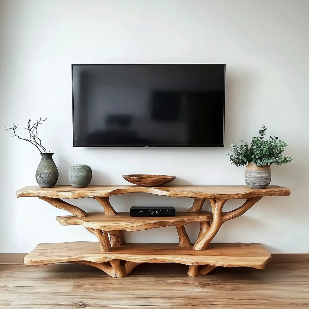 Organic modern TV console crafted from live edge solid wood with sculptural tree branch details