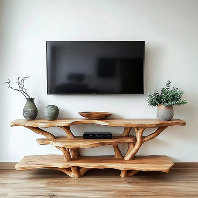 Organic Modern Tree Branch TV Console – Handcrafted Live Edge Entertainment Center