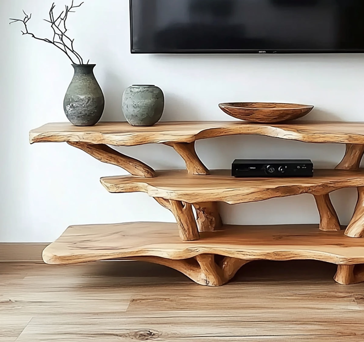 Sculptural solid wood TV stand with tree branch accents in a modern living room