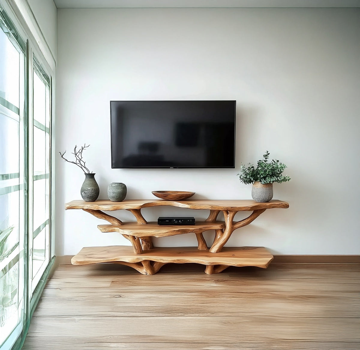 Sculptural solid wood TV stand with tree branch accents in a modern living room