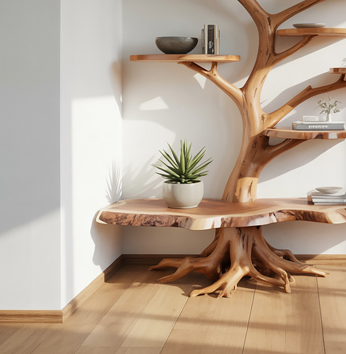 Large live edge corner bookshelf with tree inspired design