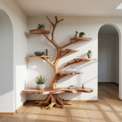 Organic Modern Tree Shaped Wall Shelf – Large Live Edge Solid Wood Corner Furniture