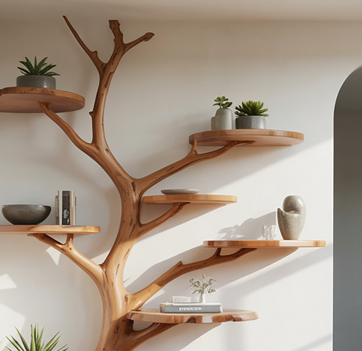 Sculptural wooden wall shelf for books and decorative display