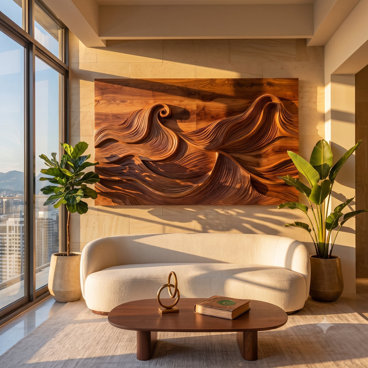 Organic modern wave solid wood wall art in a contemporary living room