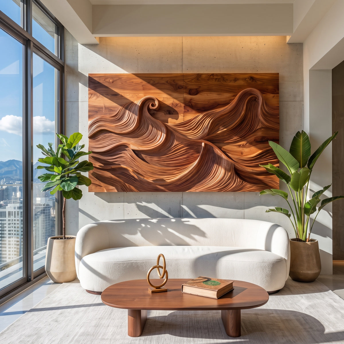 Handcrafted wooden wave wall sculpture displayed above a sofa