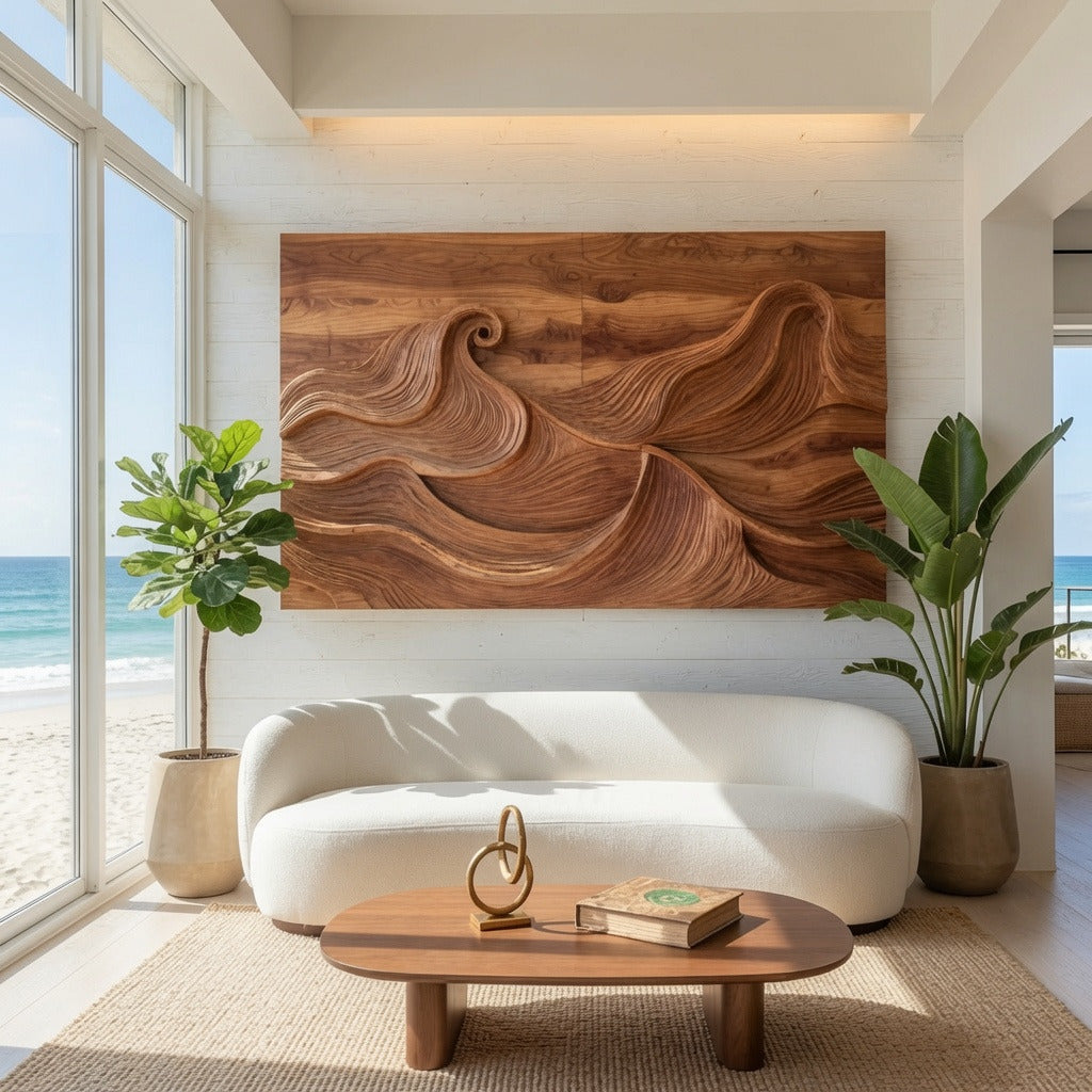Organic modern wave wood wall art in solid wood