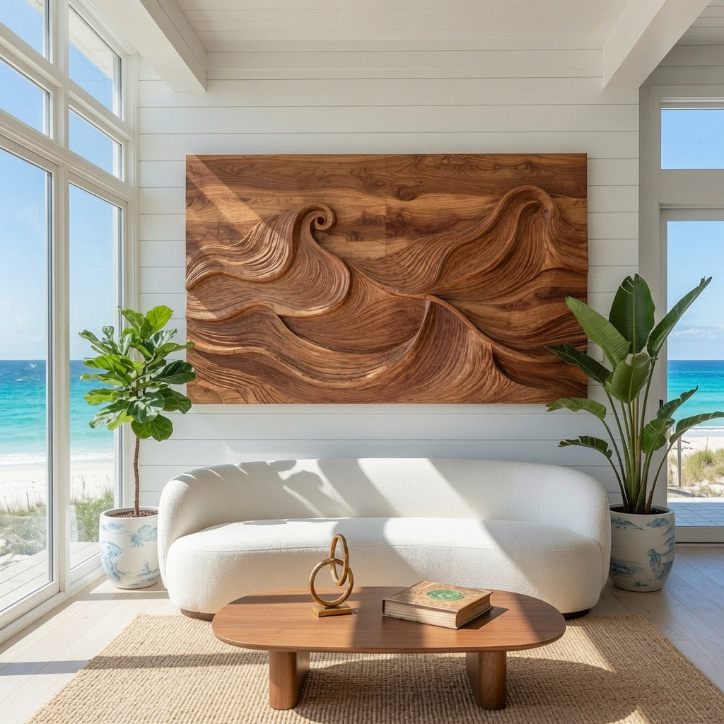 Organic solid wood wall décor creating a focal point in a luxury living space