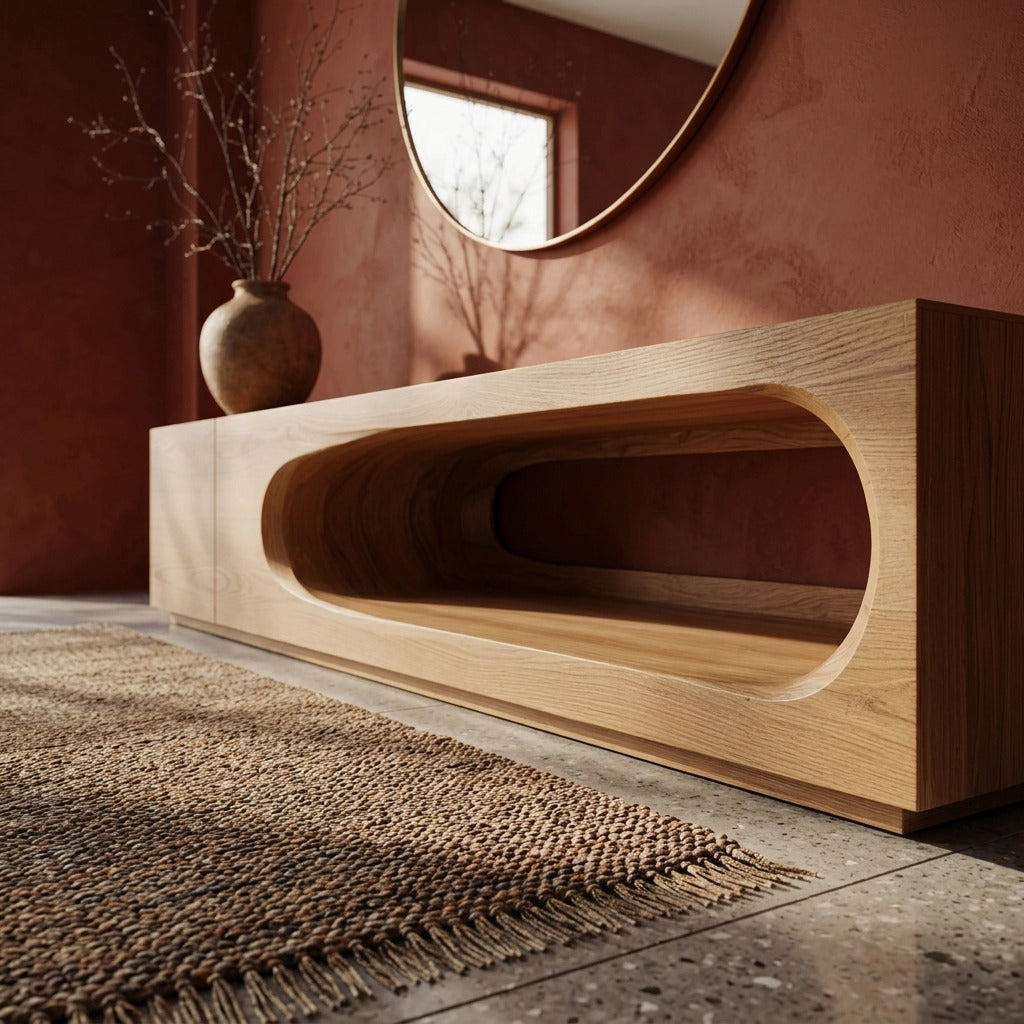 Organic solid wood console table in a modern entryway