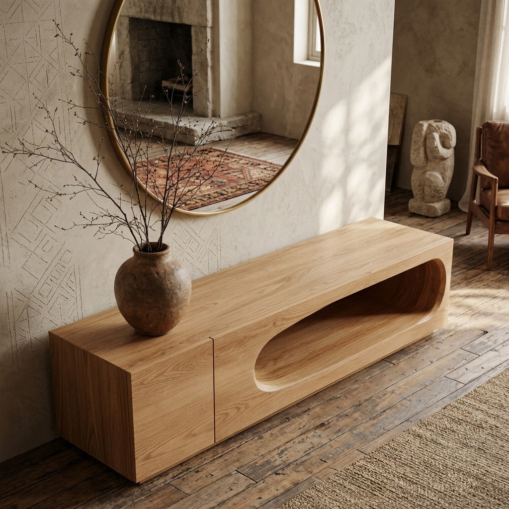 Modern wooden console table in a minimalist living room