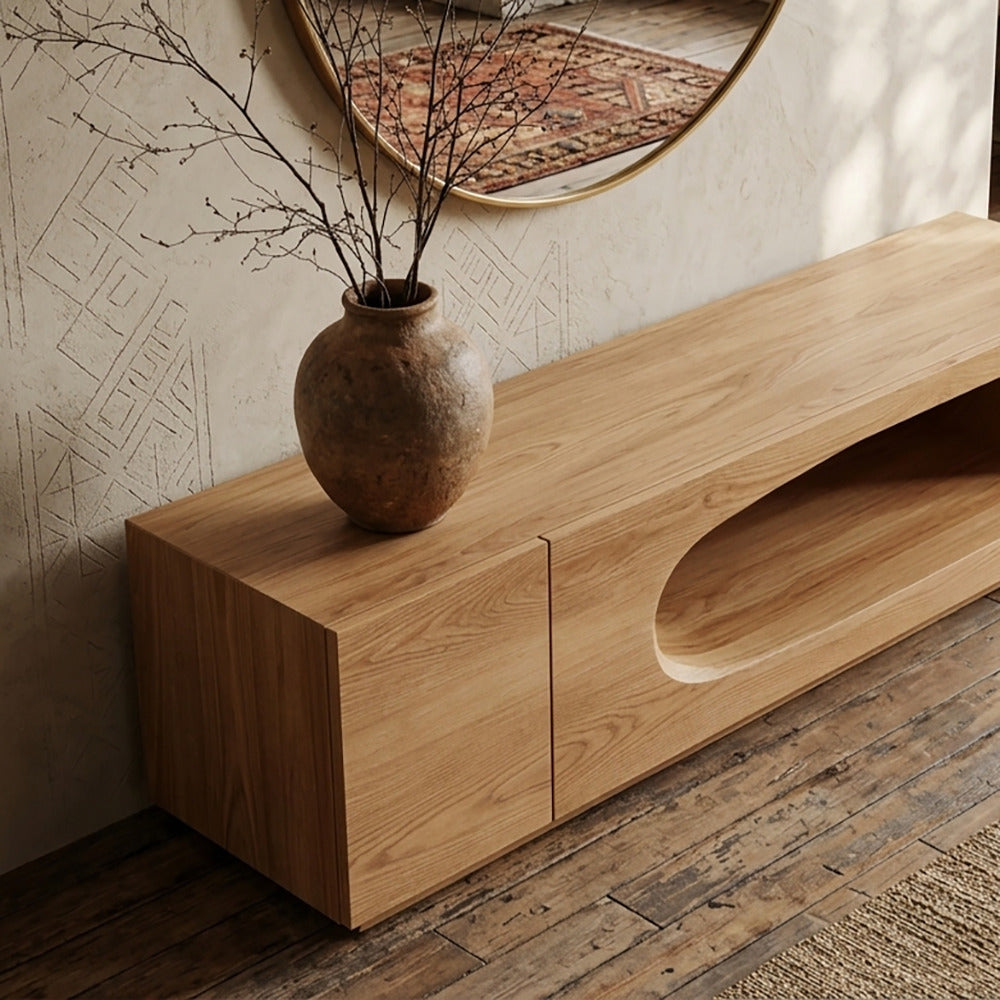 Artistic wooden console table with oval cutout design