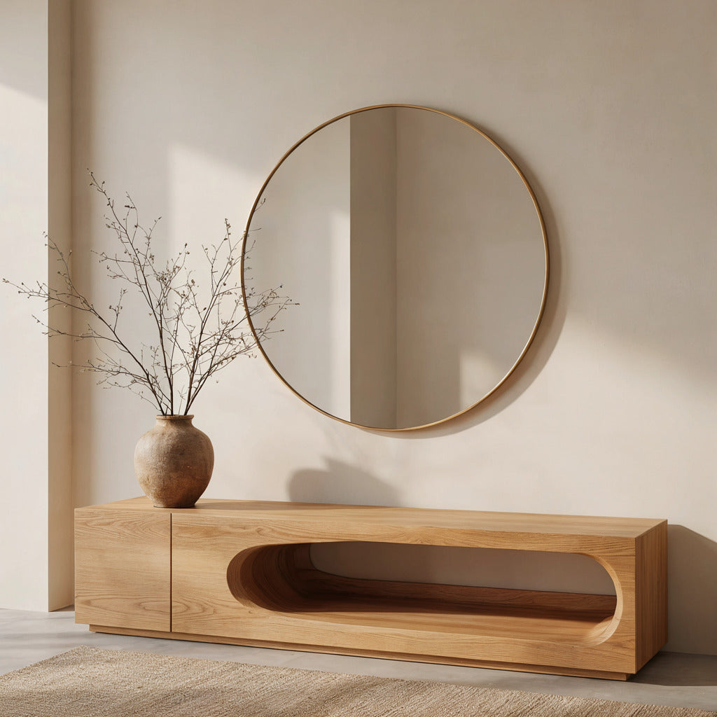 Sculptural oval cutout console displayed in a contemporary hallway