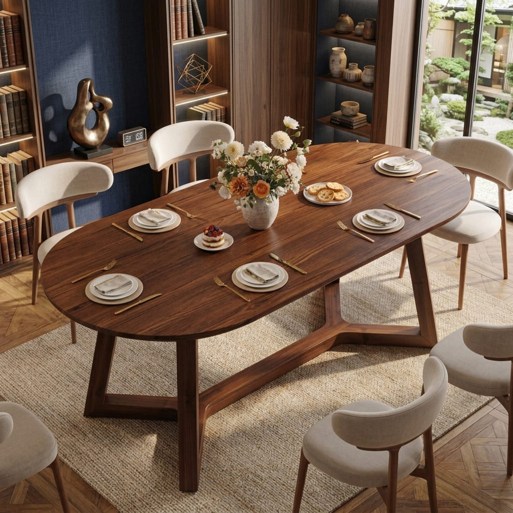 Natural wood oval dining table serving as a statement centerpiece in a minimalist dining area