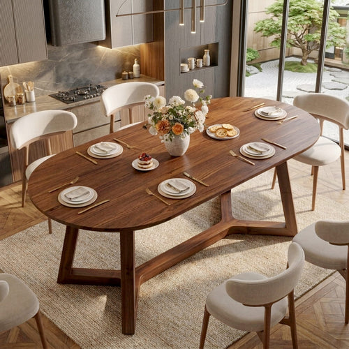Organic Oval Live Edge Solid Wood Dining Table with Sculptural X-Base