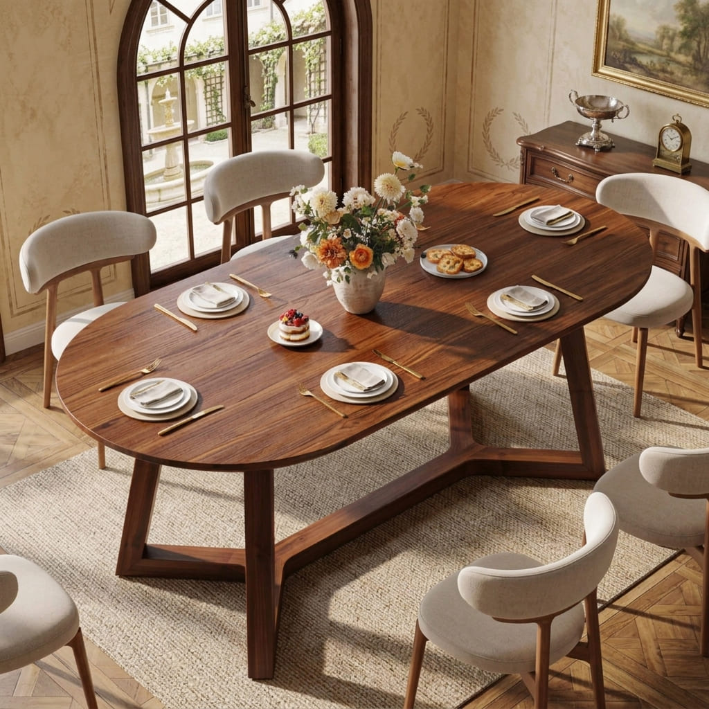 Sculptural X-base dining table paired with modern dining chairs in a luxury interior