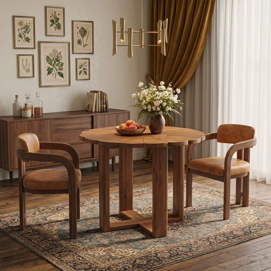 Natural wood dining table serving as a statement centerpiece in a minimalist dining area