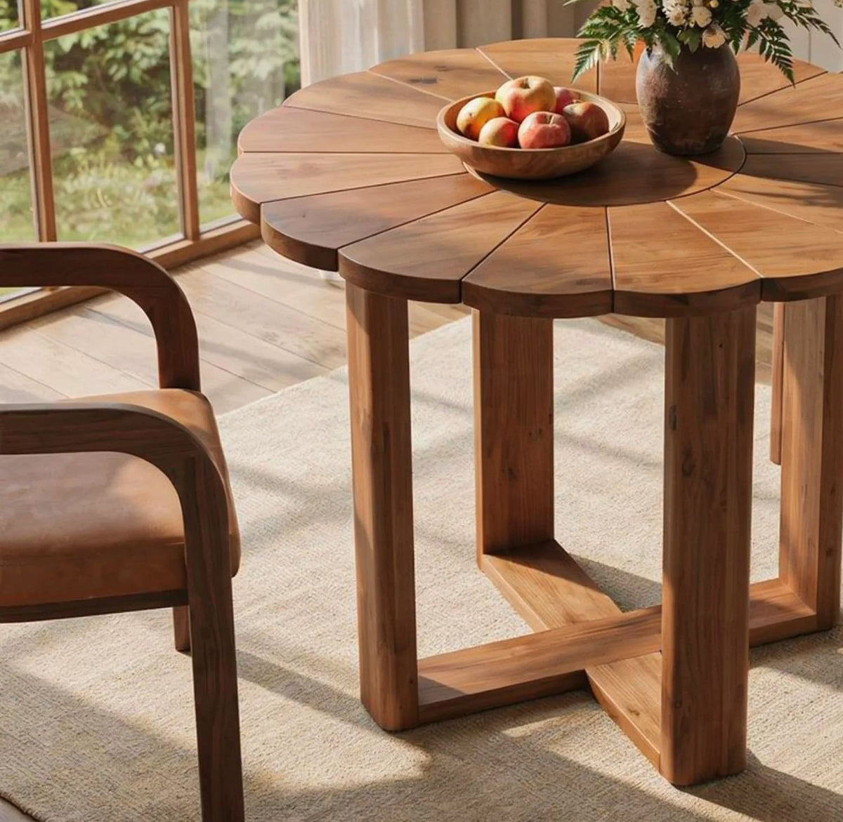 Handcrafted solid wood round dining table showcasing organic scalloped live edge detailing