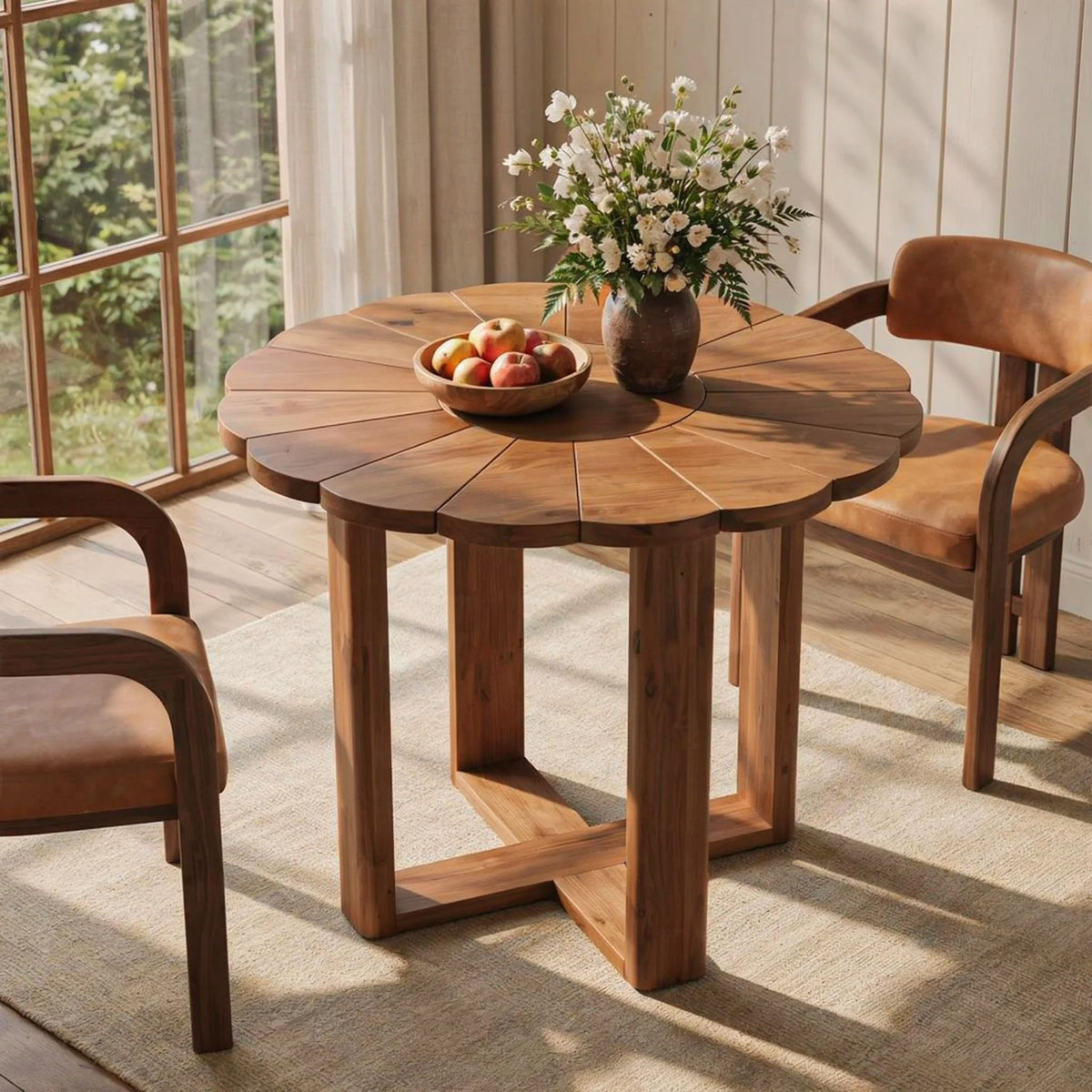 Organic scalloped live edge solid wood round dining table handcrafted from premium hardwood