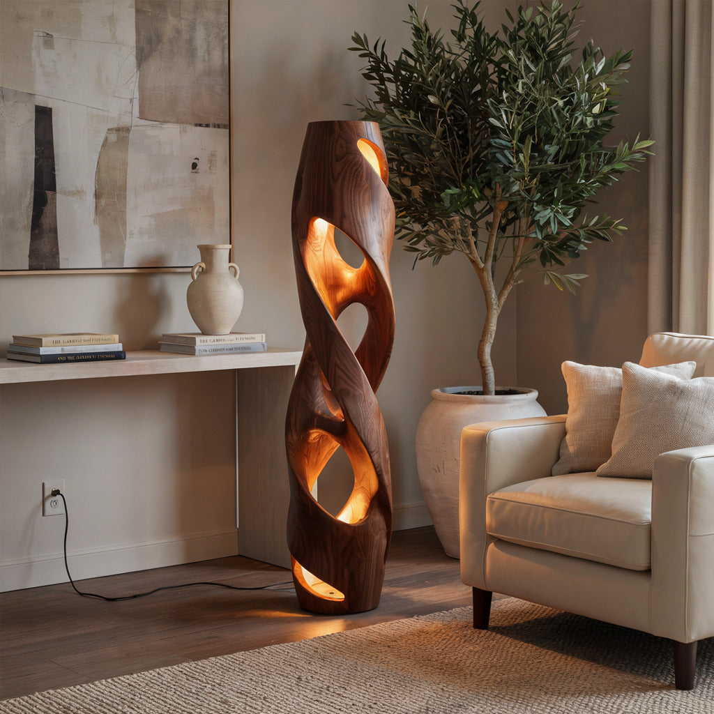 Artistic hardwood floor lamp enhancing a luxury lounge