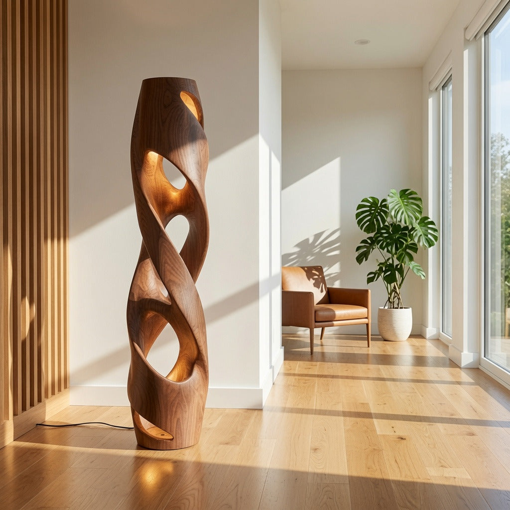 Modern sculptural wood floor lamp adding natural elegance to a cozy reading corner