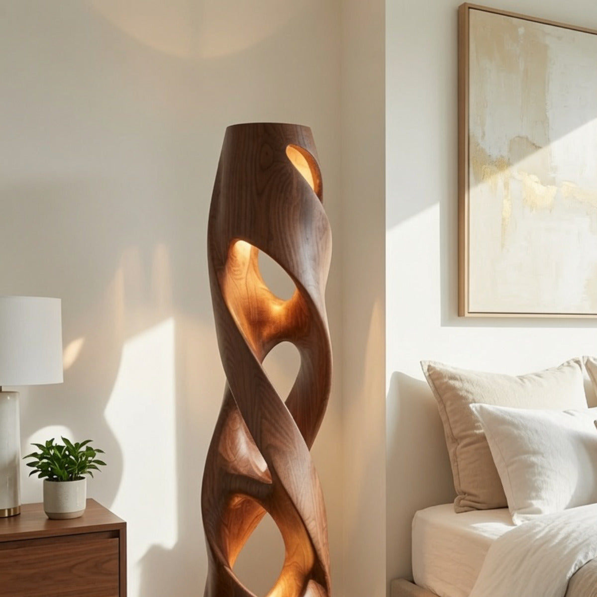 Modern solid wood floor lamp with sculptural design