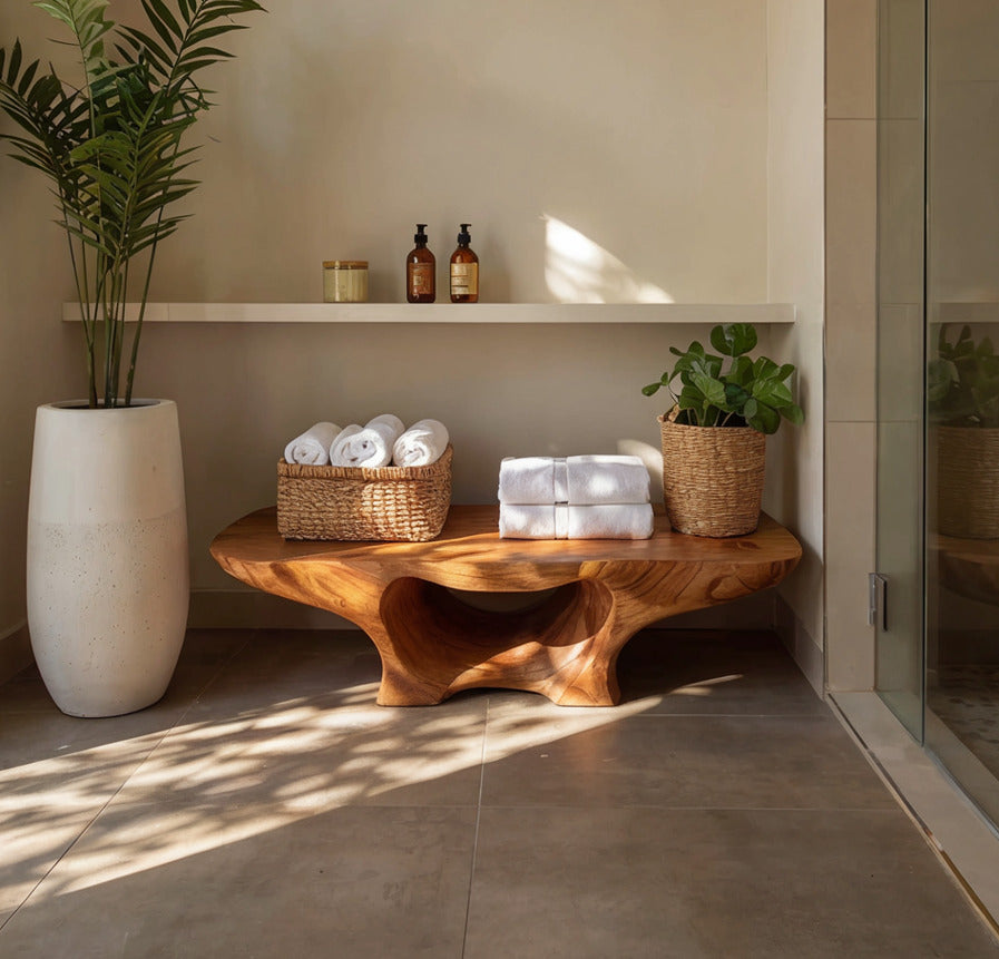 Modern natural wood bath bench enhancing a minimalist wellness space