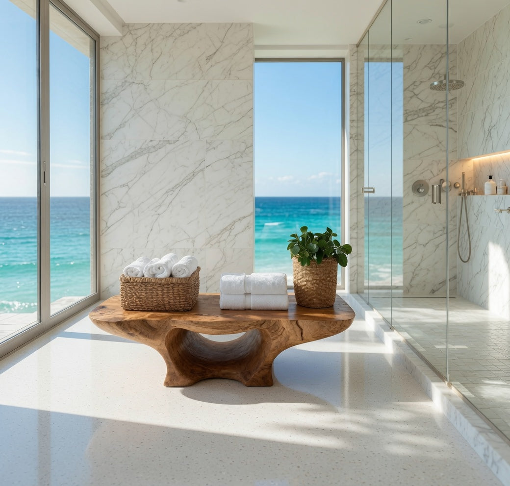 Curved solid wood shower seat adding warmth and functionality to a contemporary bathroom