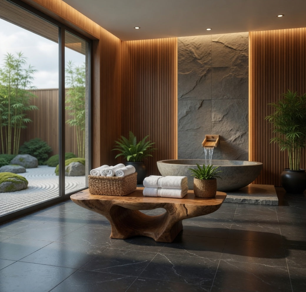 Handcrafted curved wooden bathroom bench creating a spa-inspired interior
