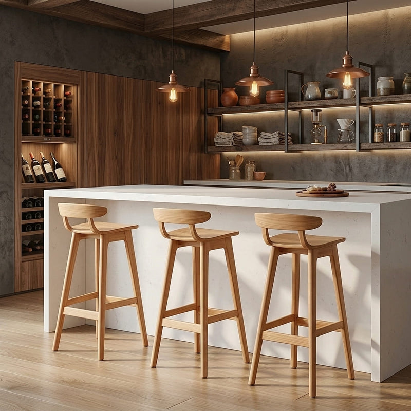 Organic Solid Wood Bar Stools with Curved Ergonomic Backrest