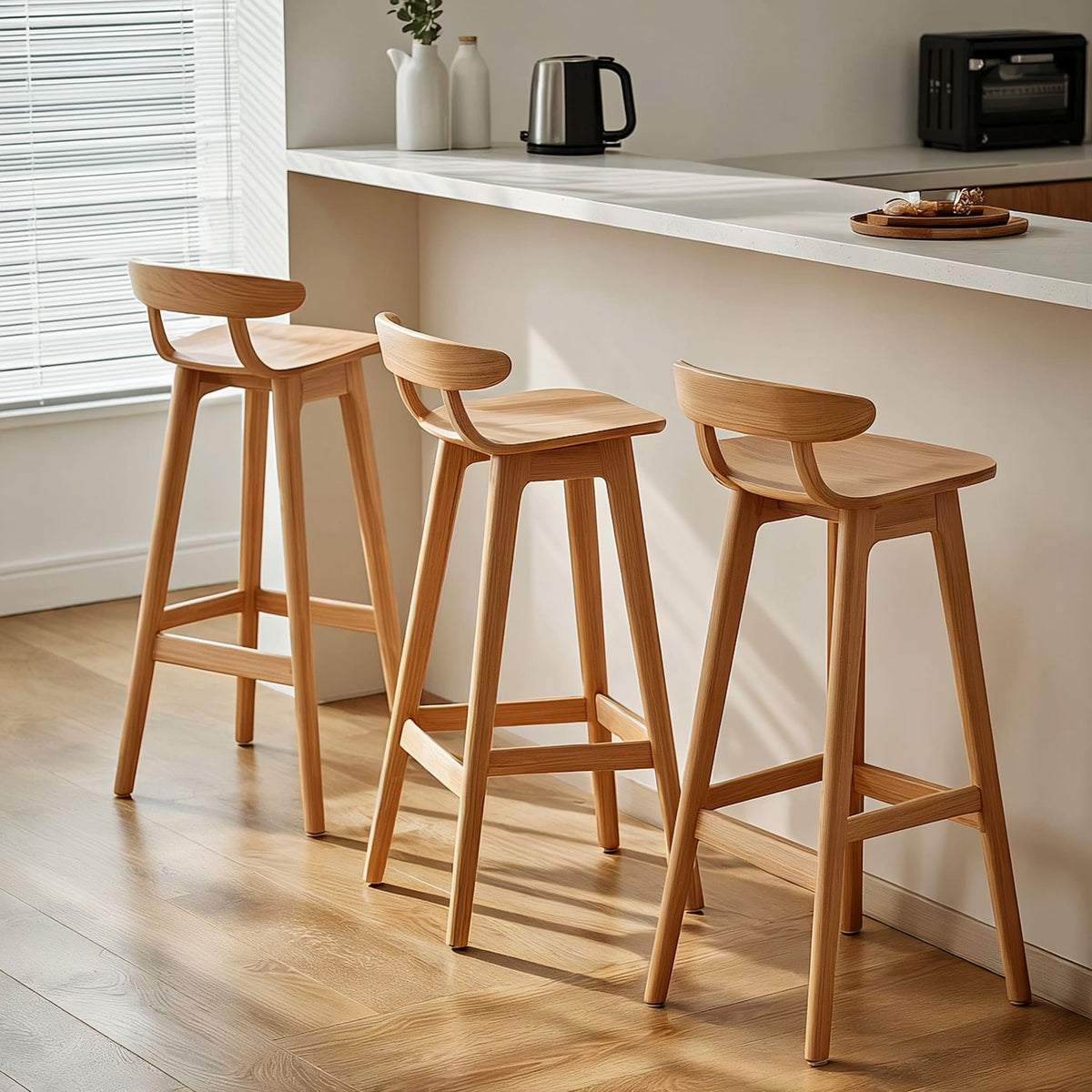 Organic Solid Wood Bar Stools with Curved Ergonomic Backrest