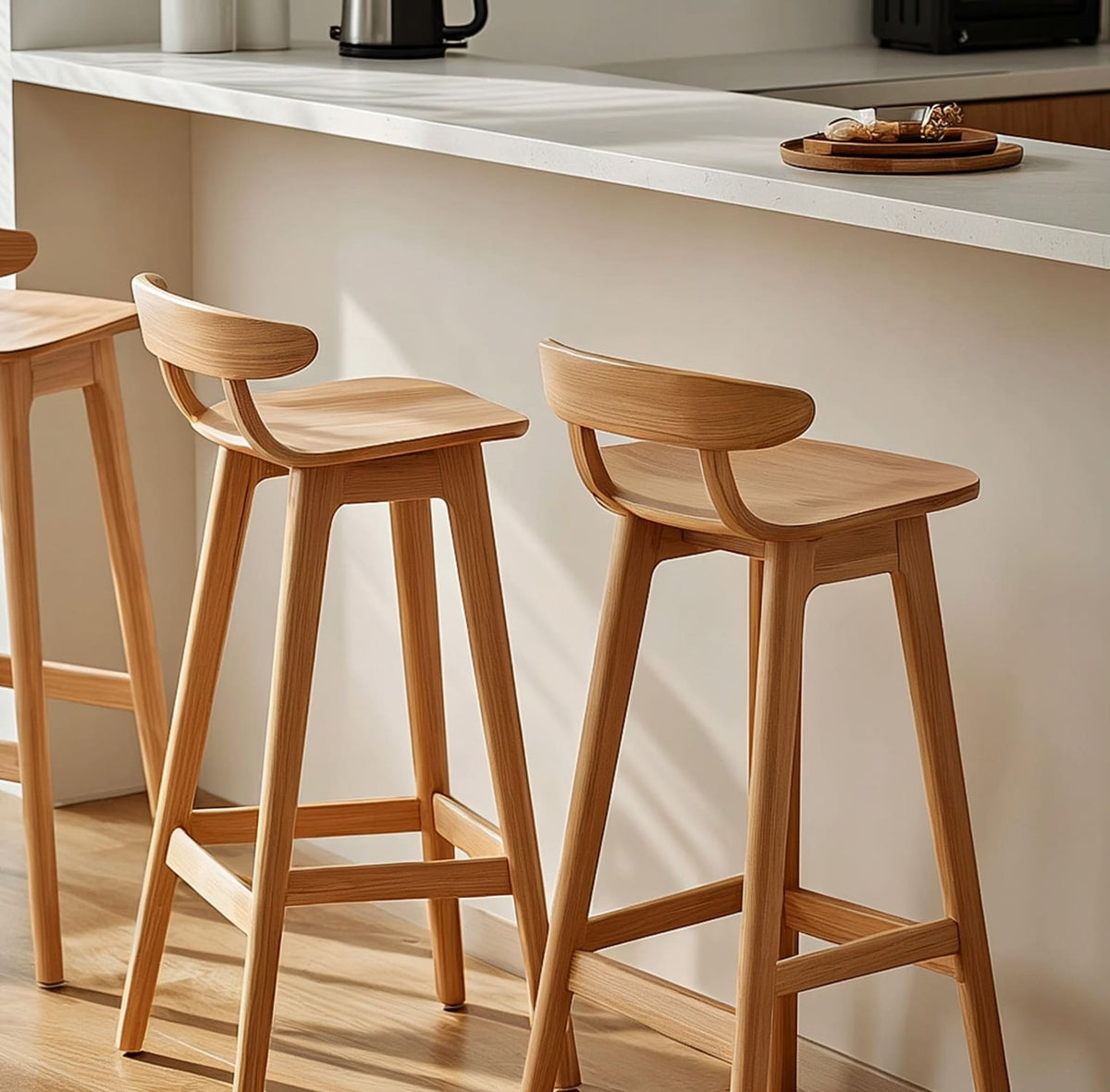 Organic Solid Wood Bar Stools with Curved Ergonomic Backrest