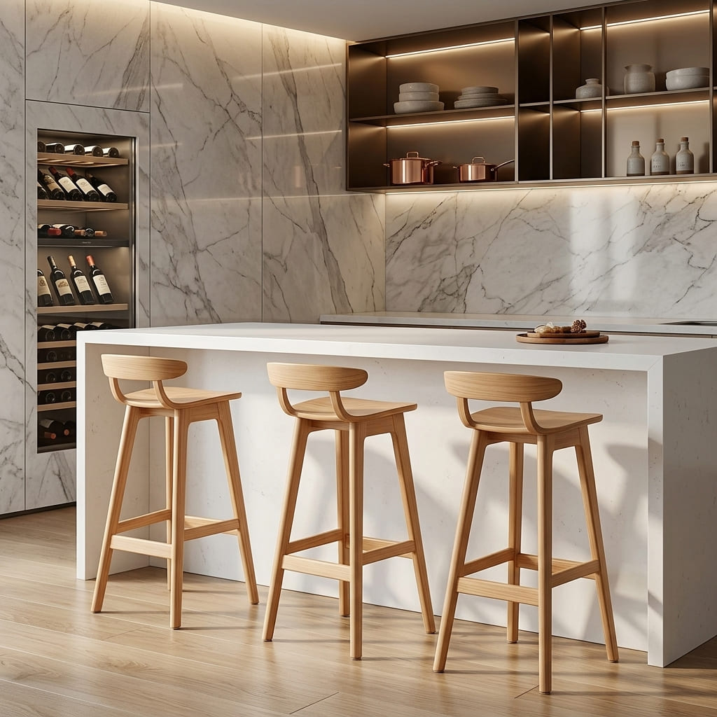 Organic Solid Wood Bar Stools with Curved Ergonomic Backrest