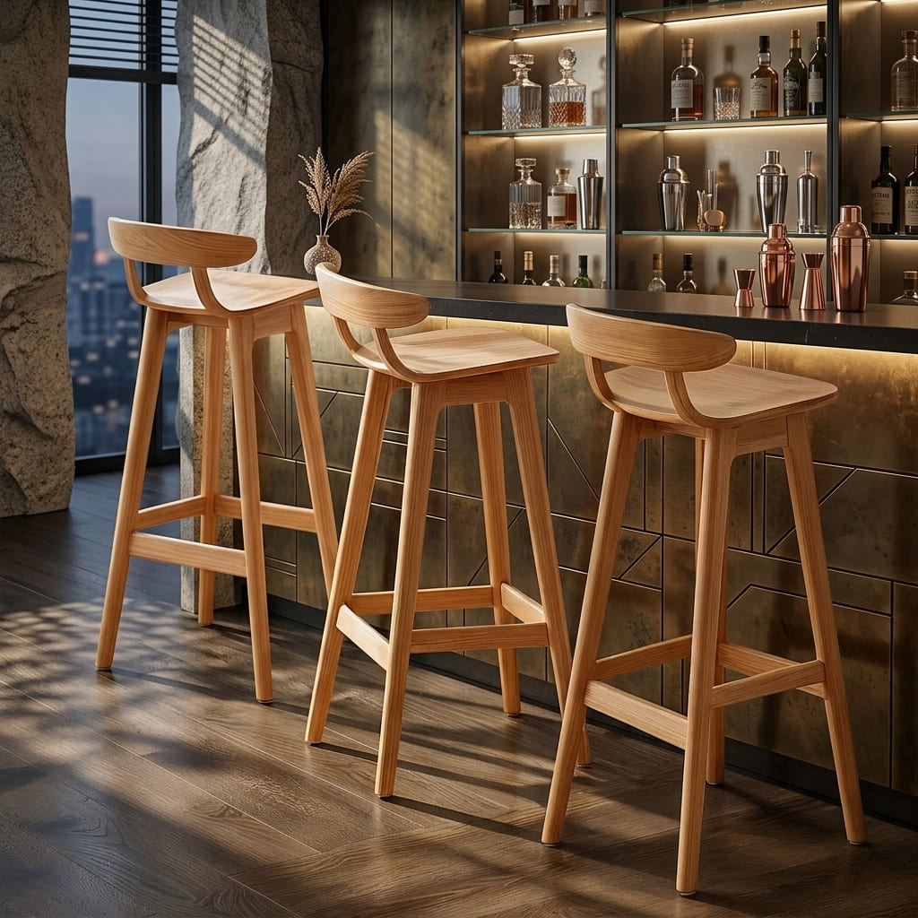 Organic Solid Wood Bar Stools with Curved Ergonomic Backrest