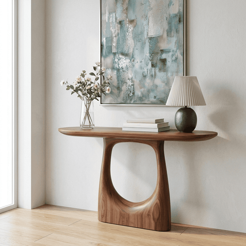 Organic Solid Wood Console Table with Sculptural Oval Cutout Base