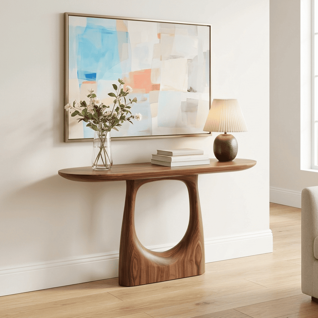 Organic solid wood console table styled in a modern entryway