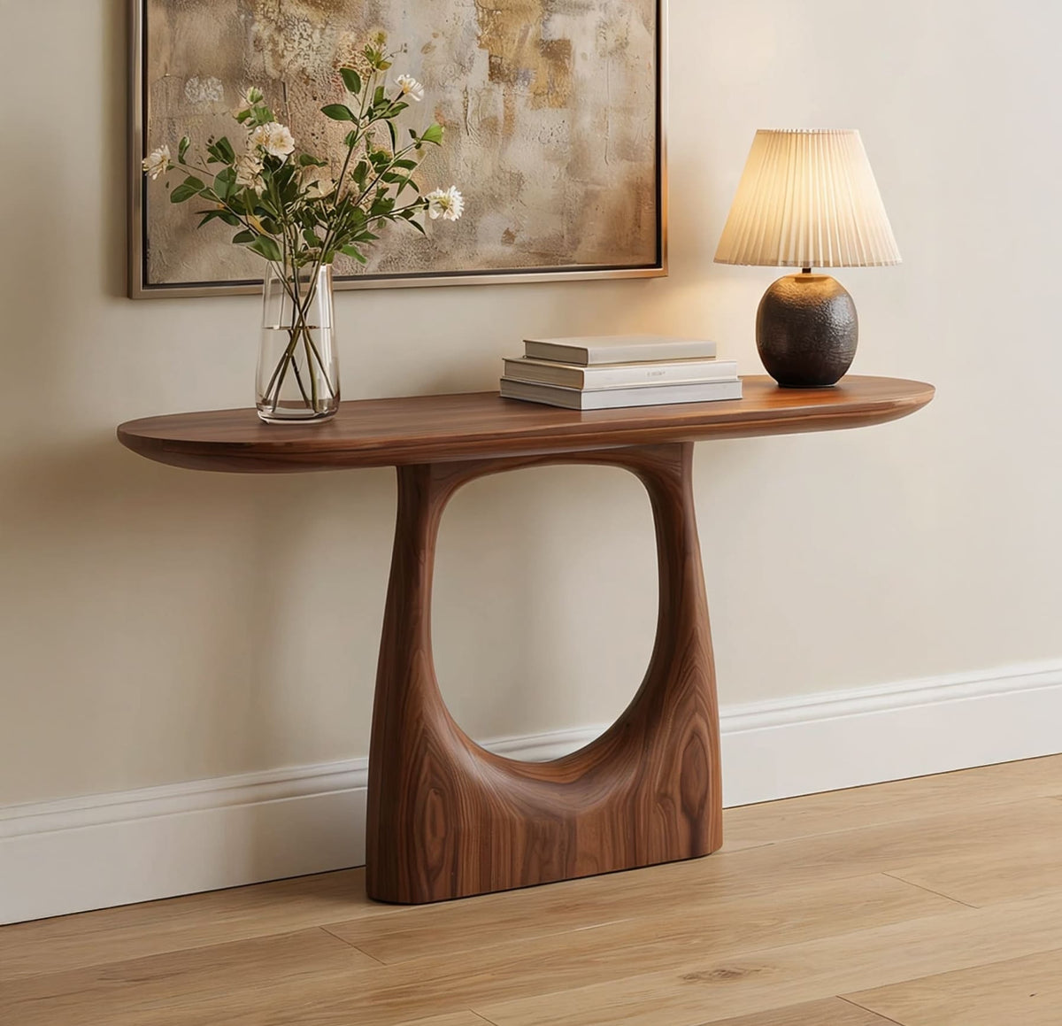 Contemporary solid wood console table in a sophisticated entry hall