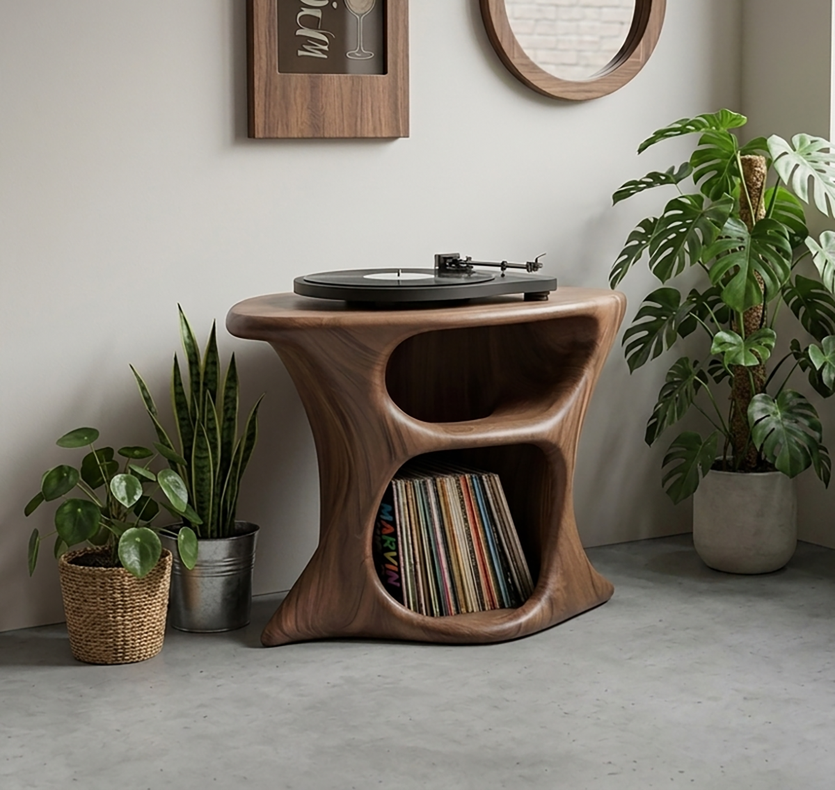 Organic solid wood record player stand with vinyl storage