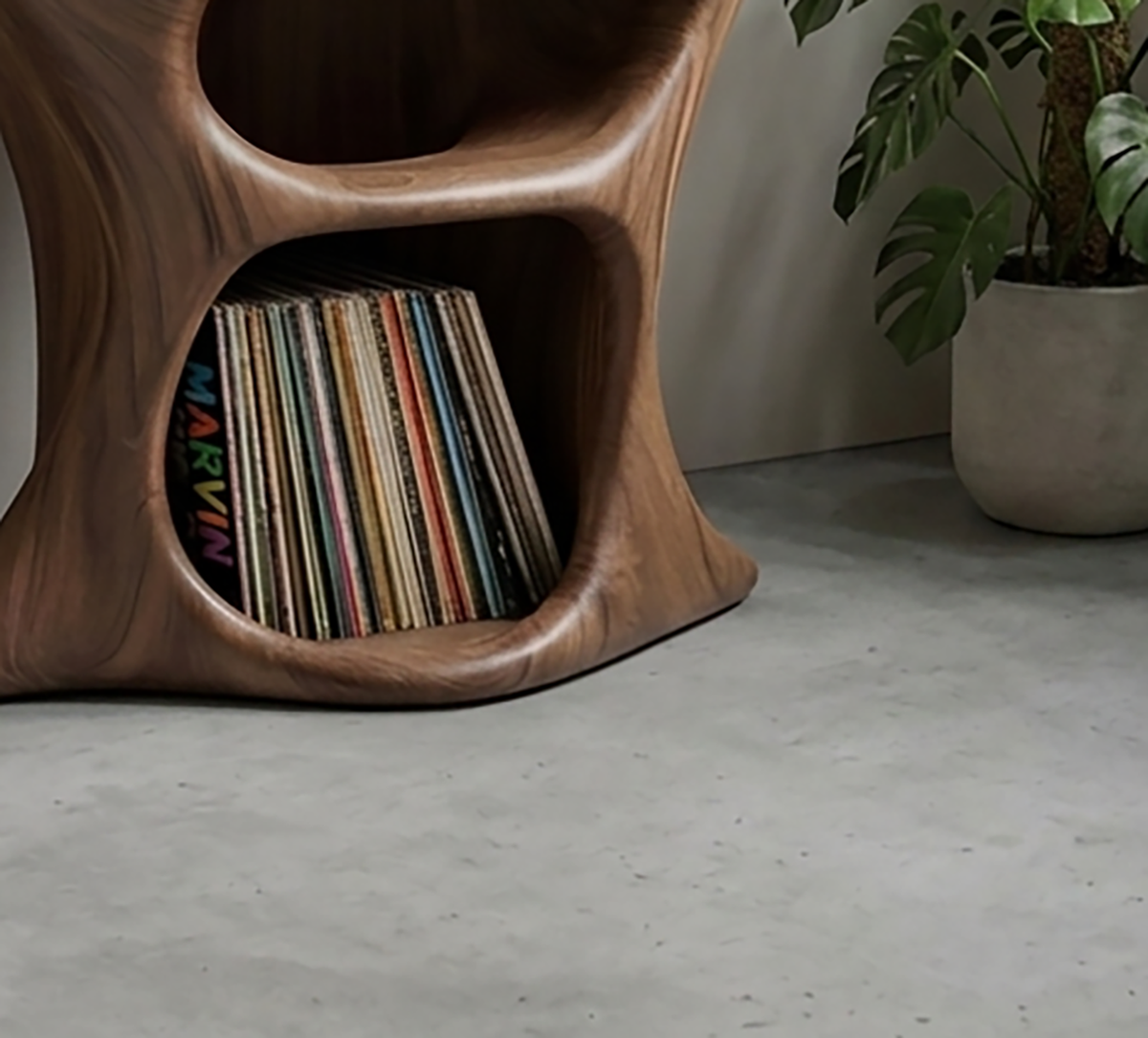 Sculptural wooden turntable stand for vinyl record collection