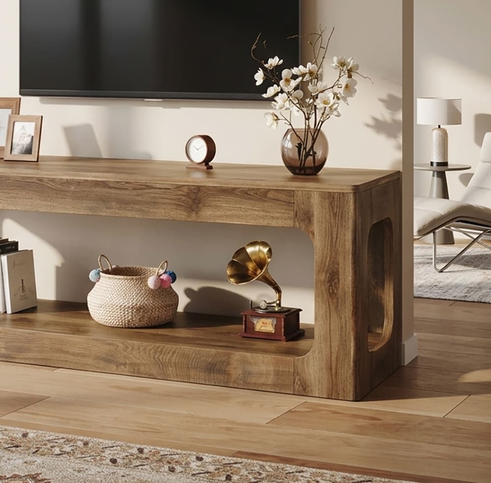 Solid wood TV stand with artistic cutout details designed for contemporary living room interiors
