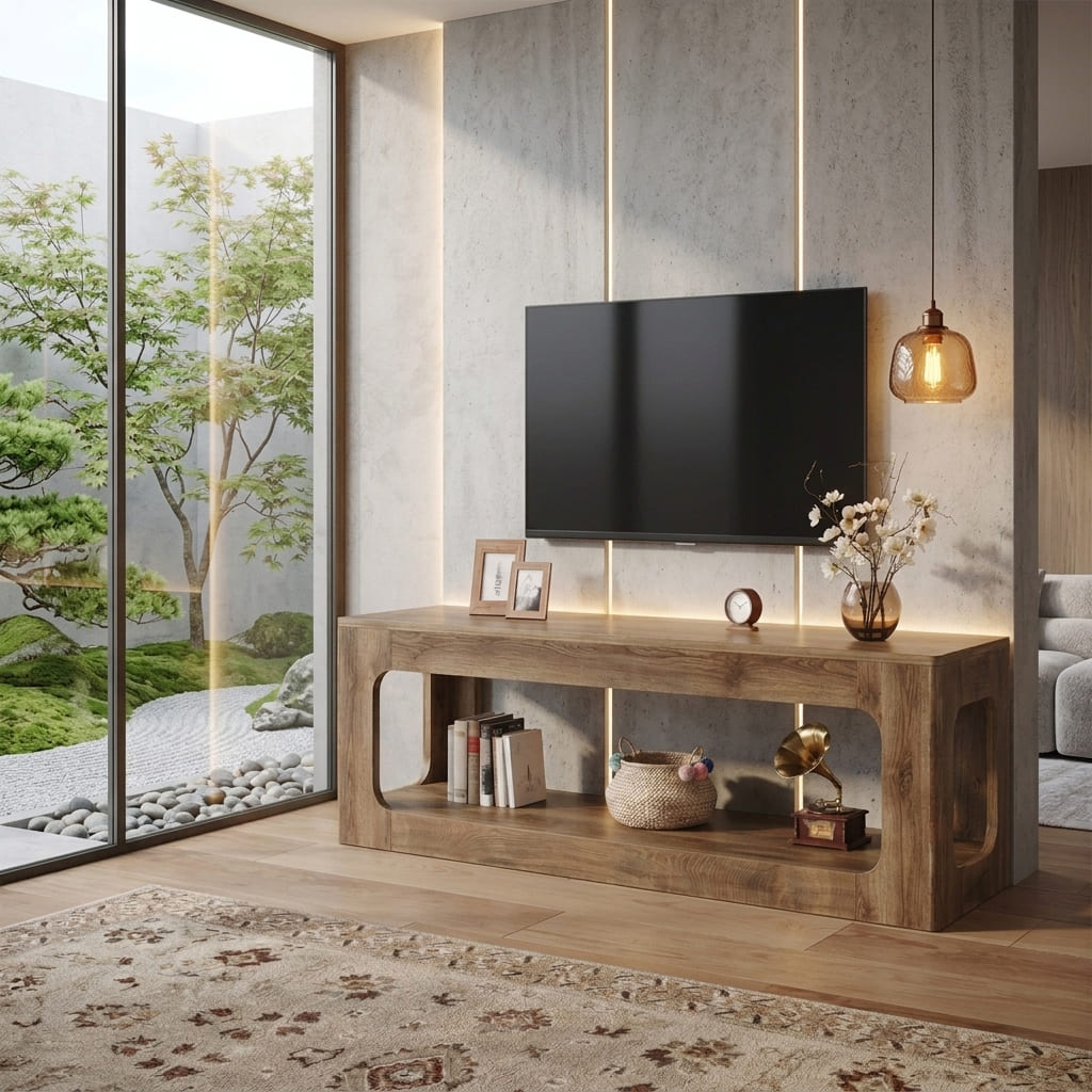 Organic solid wood TV console styled in a modern living room