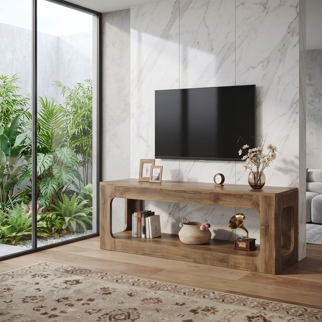 Solid wood TV stand with artistic cutout details designed for contemporary living room interiors