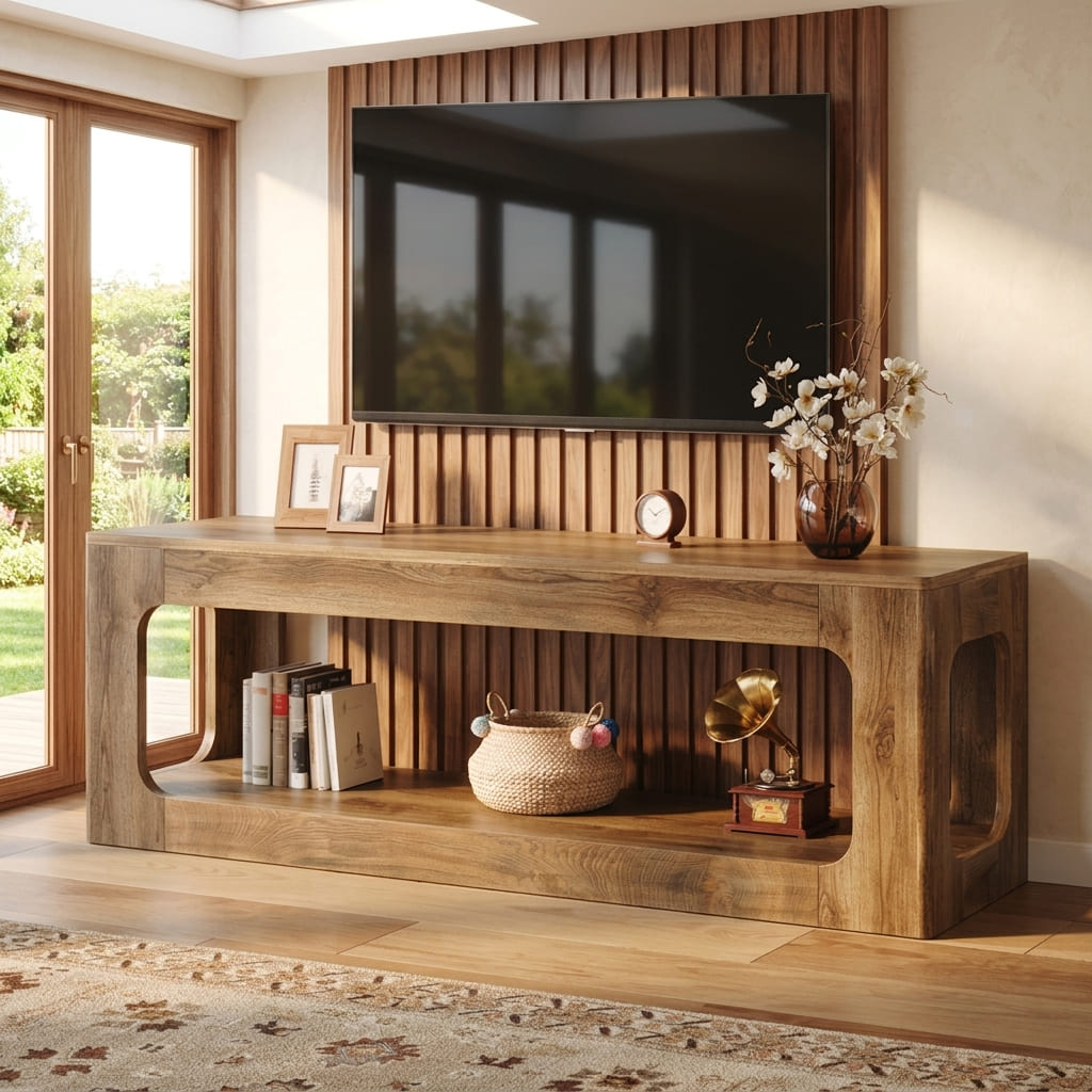 Modern wooden TV console styled beneath a wall mounted television