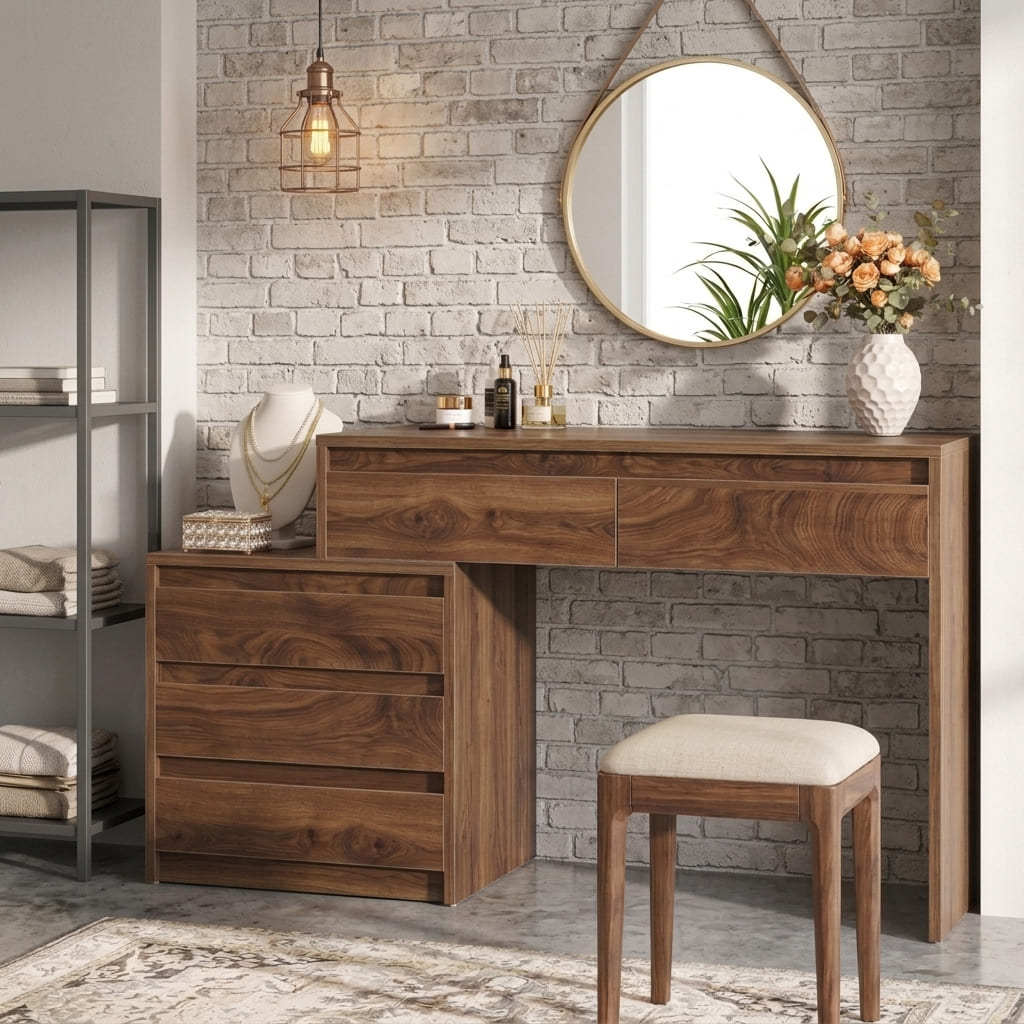 Organic solid wood vanity desk styled in a modern bedroom
