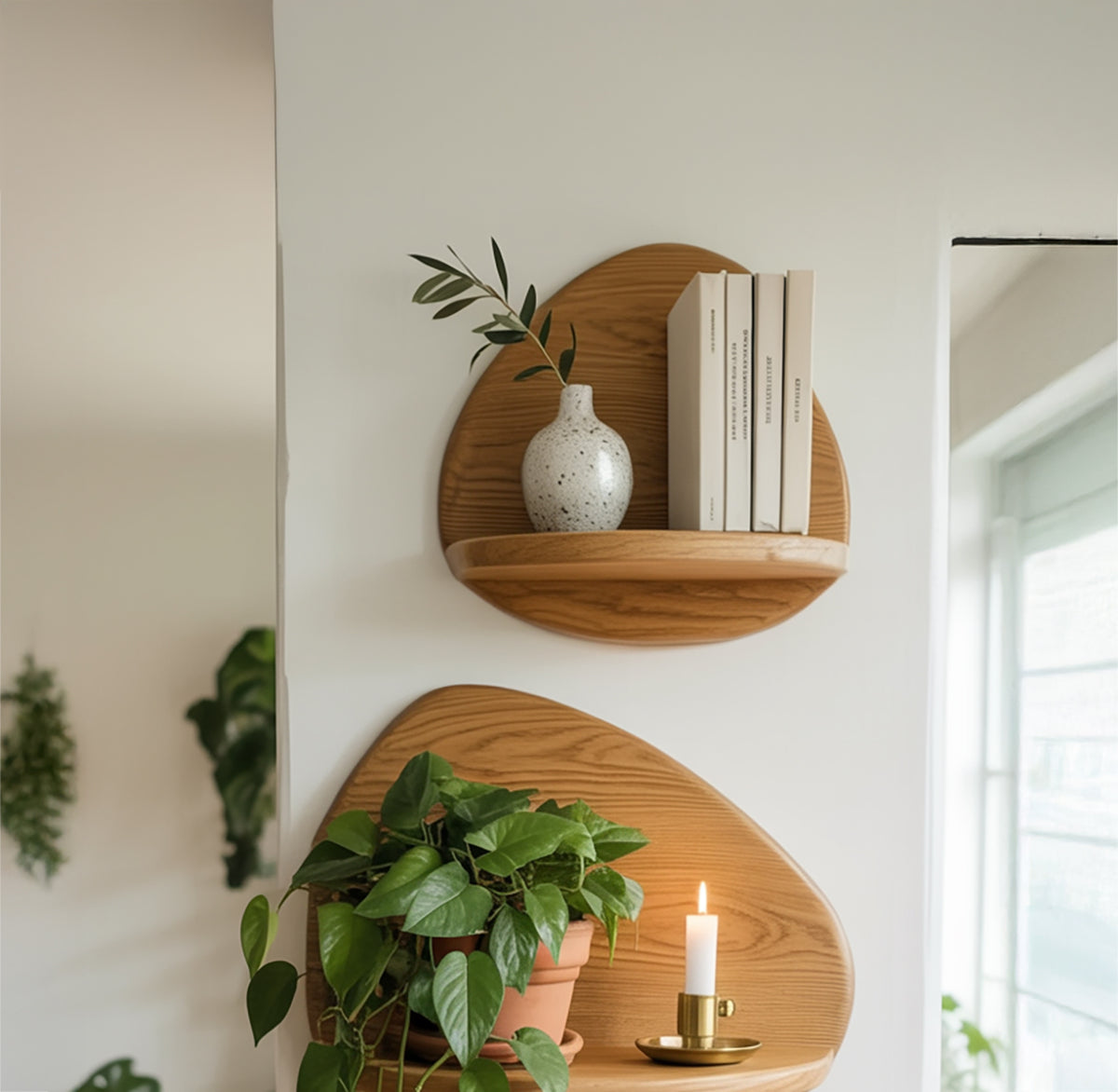 Sculptural wood wall shelves for modern home decor