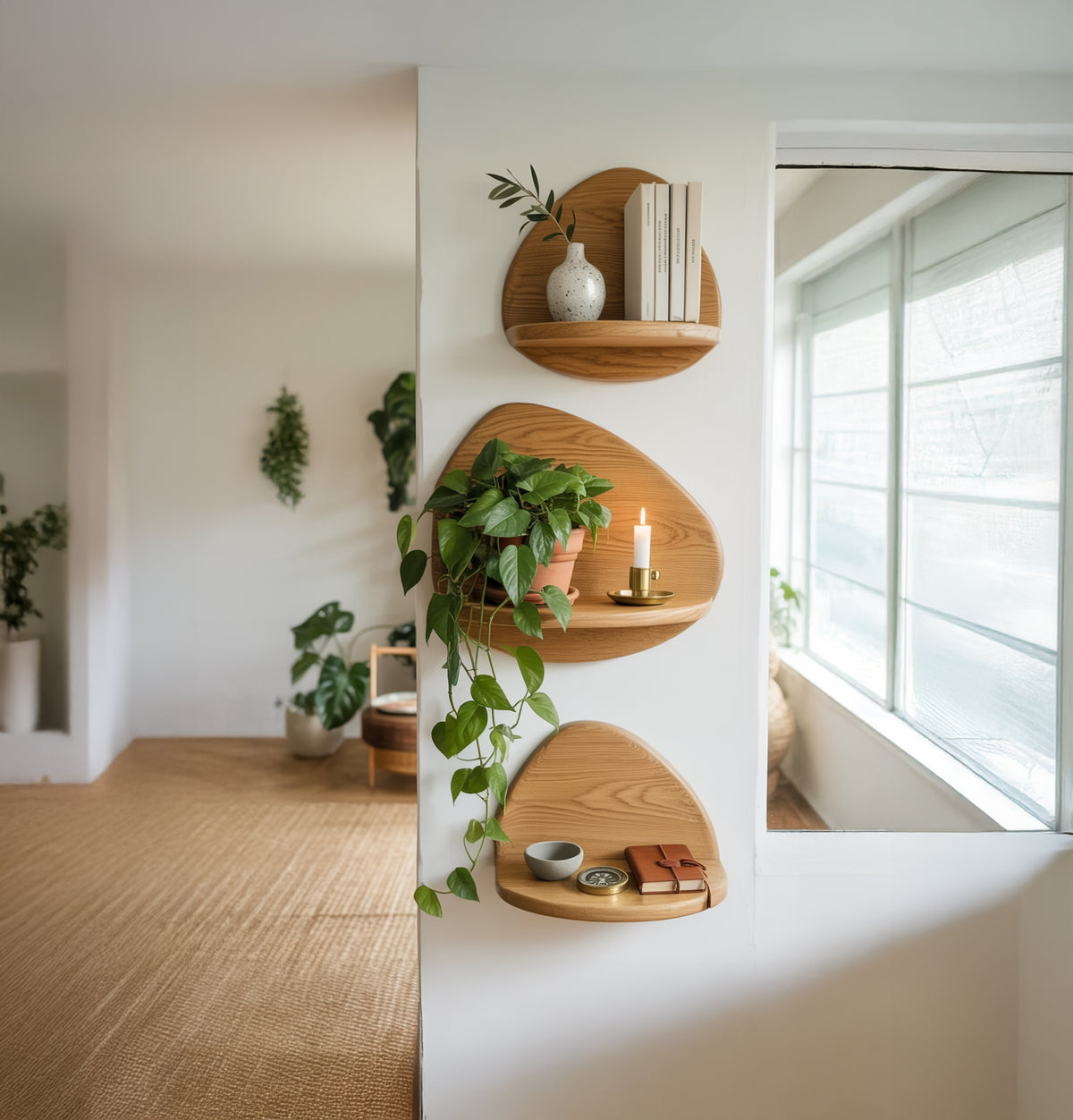 Organic solid wood wall shelf set with sculptural floating design