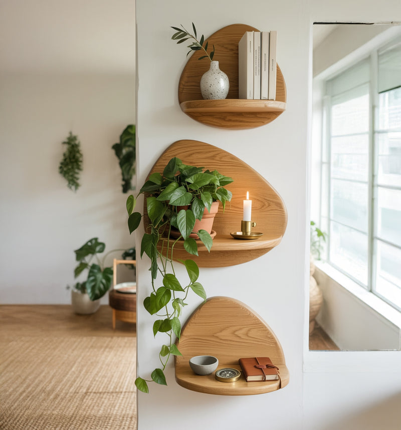 Floating wall shelf set for books, plants, and decorative display
