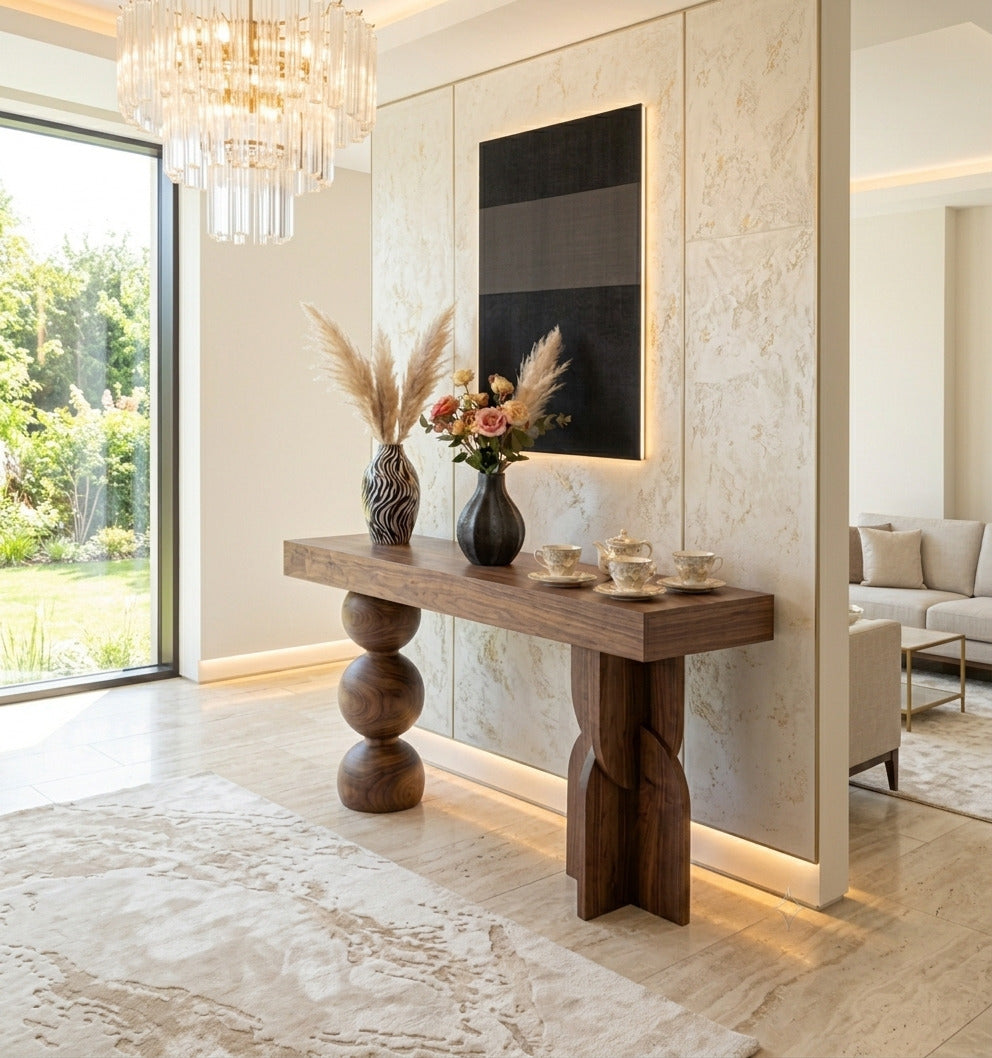 Modern solid wood console table in a minimalist living room