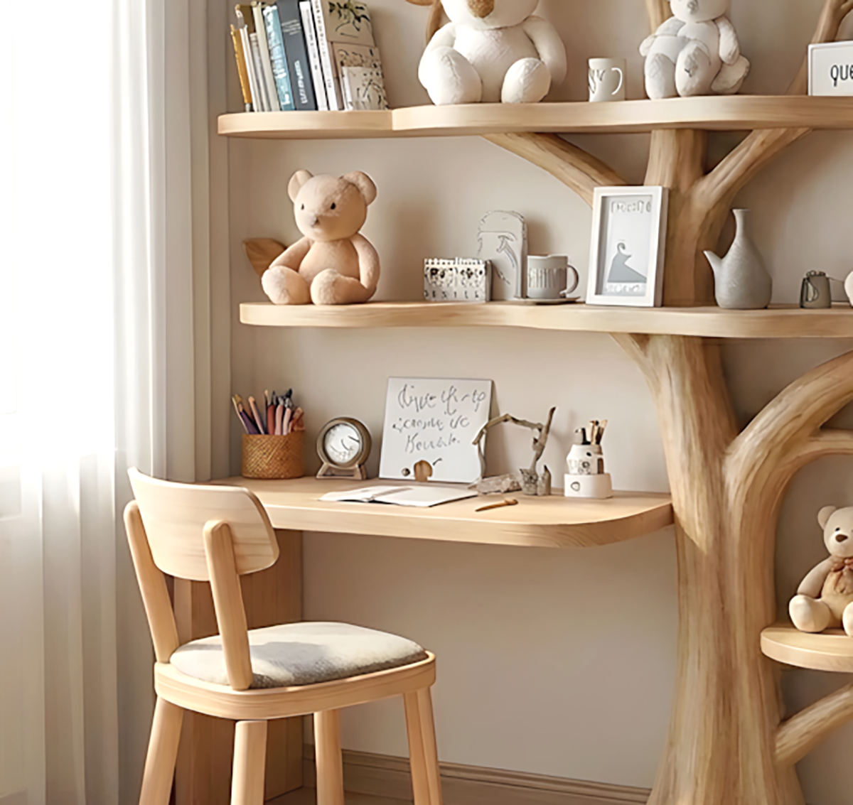 Handmade nursery bookshelf with organic tree design