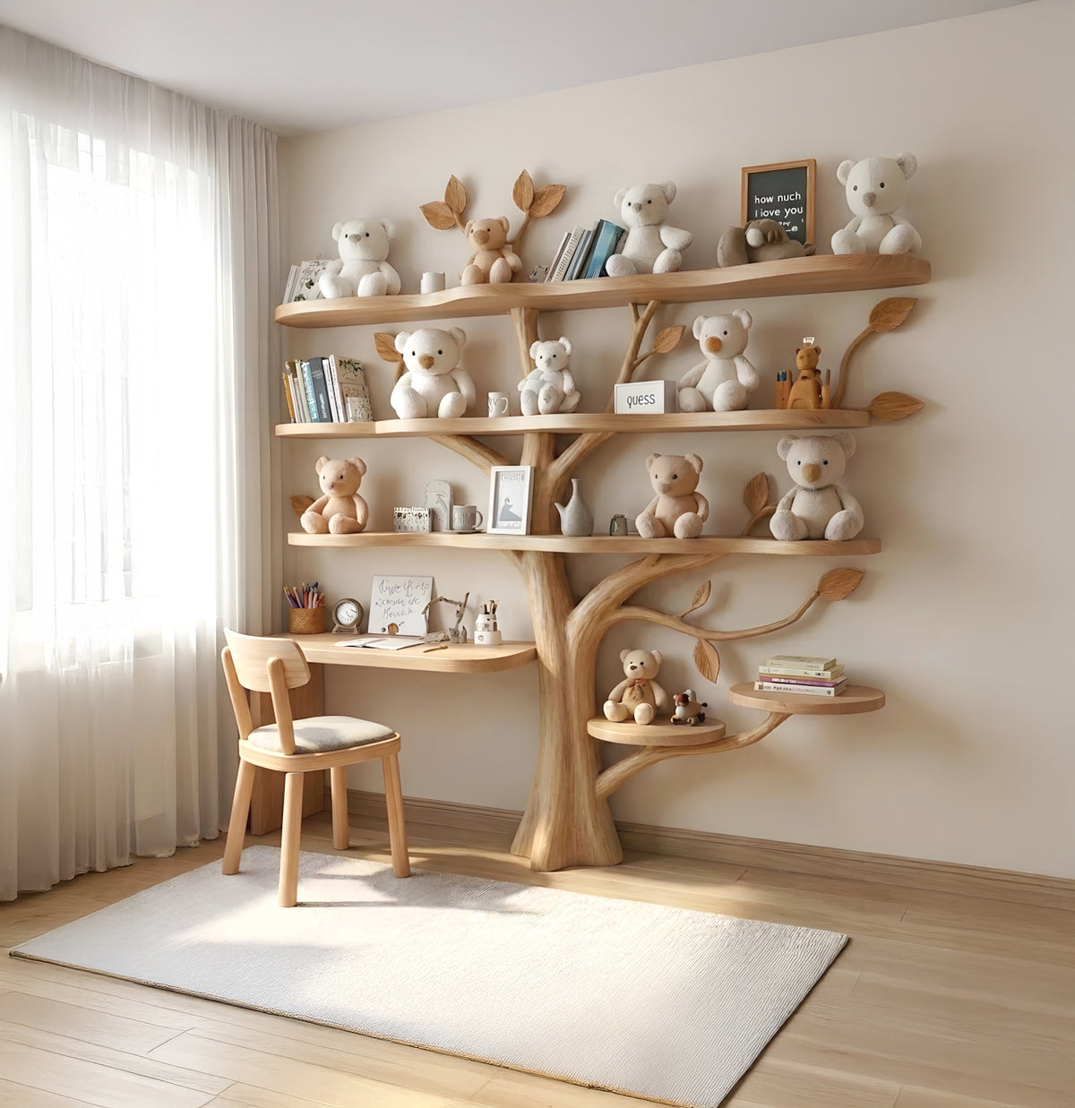 Organic tree bookshelf made from solid wood for nursery decor